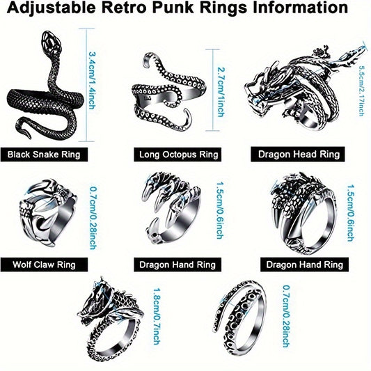 Stackable Rings for Women - Dragon & Snake Ring Set 8Pcs 316 Stainless Steel Adjustable with Zirconia - main product view