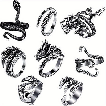 Stackable Rings for Women - Dragon & Snake Ring Set 8Pcs 316 Stainless Steel Adjustable with Zirconia - product detail view 2