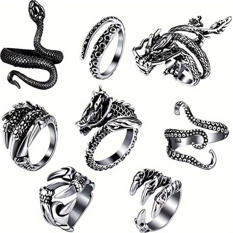 Stackable Rings for Women - Dragon & Snake Ring Set 8Pcs 316 Stainless Steel Adjustable with Zirconia - product detail view 5