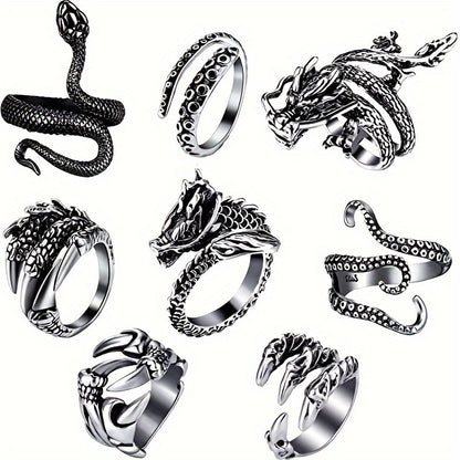 Stackable Rings for Women - Dragon & Snake Ring Set 8Pcs 316 Stainless Steel Adjustable with Zirconia - product detail view 5