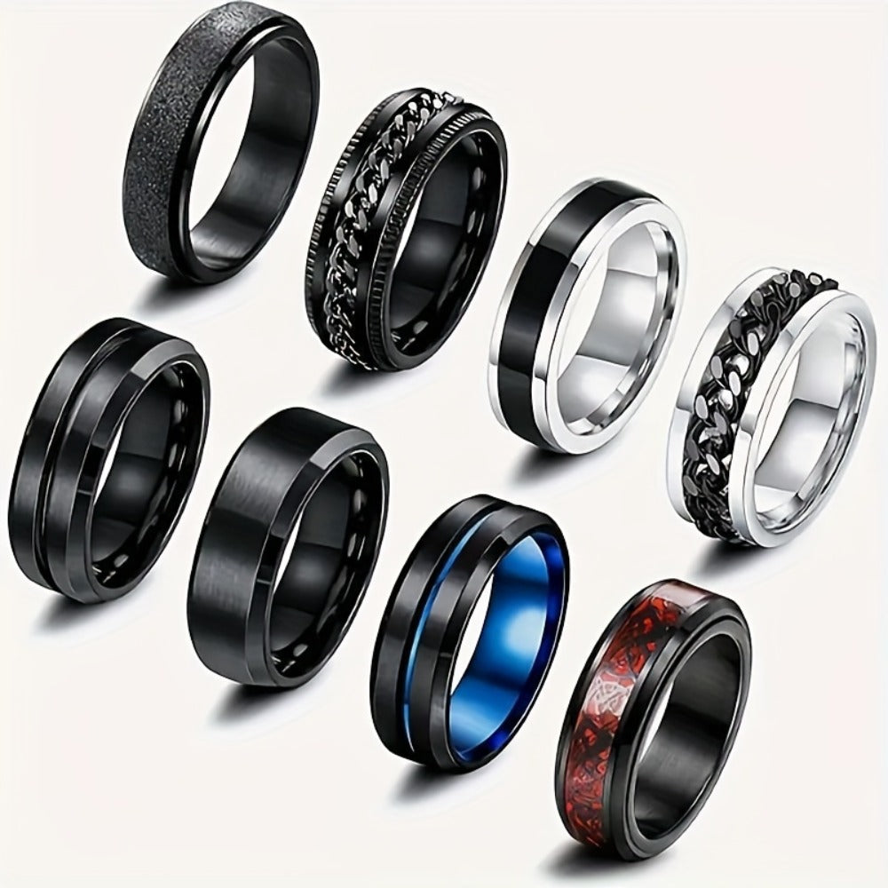 Stackable Rings for Women - Fidget Ring Set 8pcs Men Stainless Steel Spinning Anxiety Relief Vintage - main product view