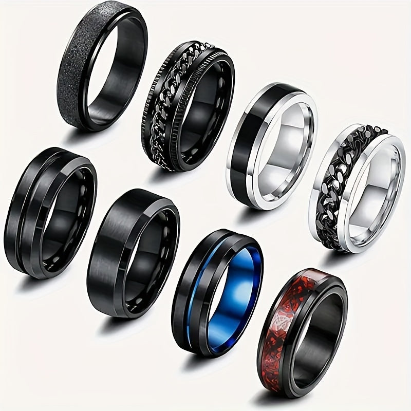 Stackable Rings for Women - Fidget Ring Set 8pcs Men Stainless Steel Spinning Anxiety Relief Vintage - product detail view 7