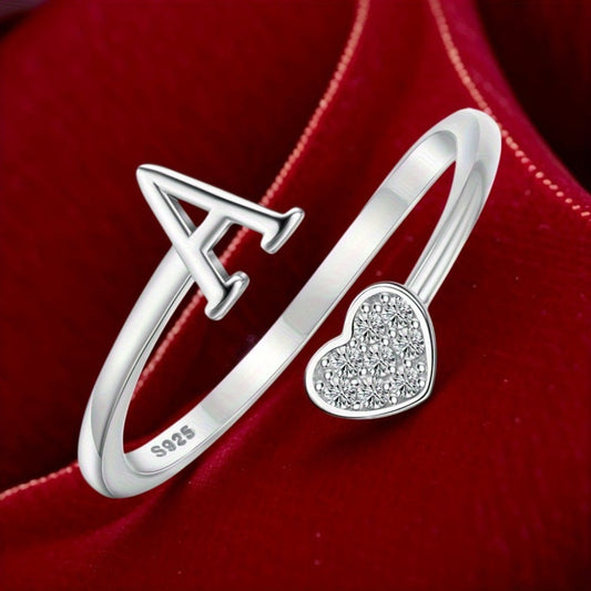Stackable Rings for Women - Initial Heart Ring 925 Sterling Silver - Adjustable Letter Ring for & Men - main product view
