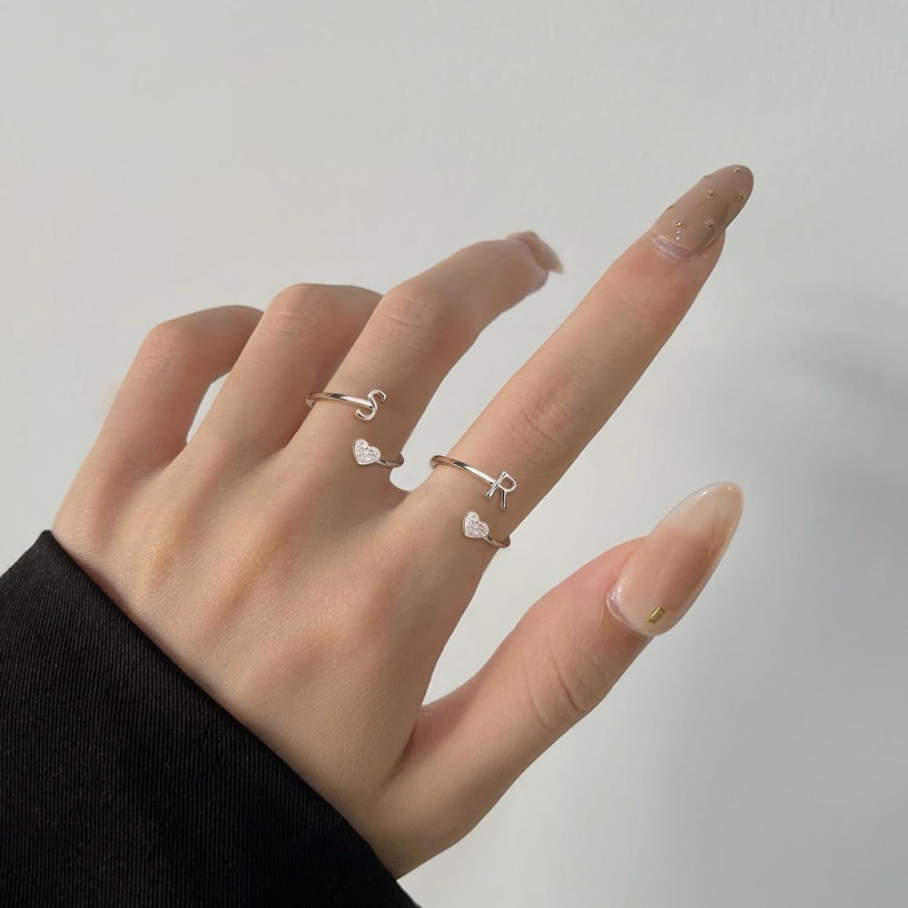 Stackable Rings for Women - Initial Heart Ring 925 Sterling Silver - Adjustable Letter Ring for & Men - product detail view 4