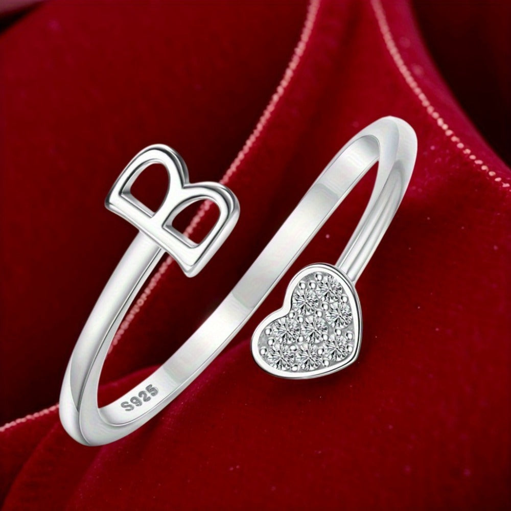 Stackable Rings for Women - Initial Heart Ring 925 Sterling Silver - Adjustable Letter Ring for & Men - product detail view 6