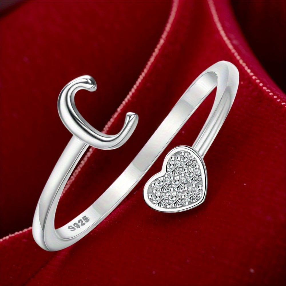 Stackable Rings for Women - Initial Heart Ring 925 Sterling Silver - Adjustable Letter Ring for & Men - product detail view 7