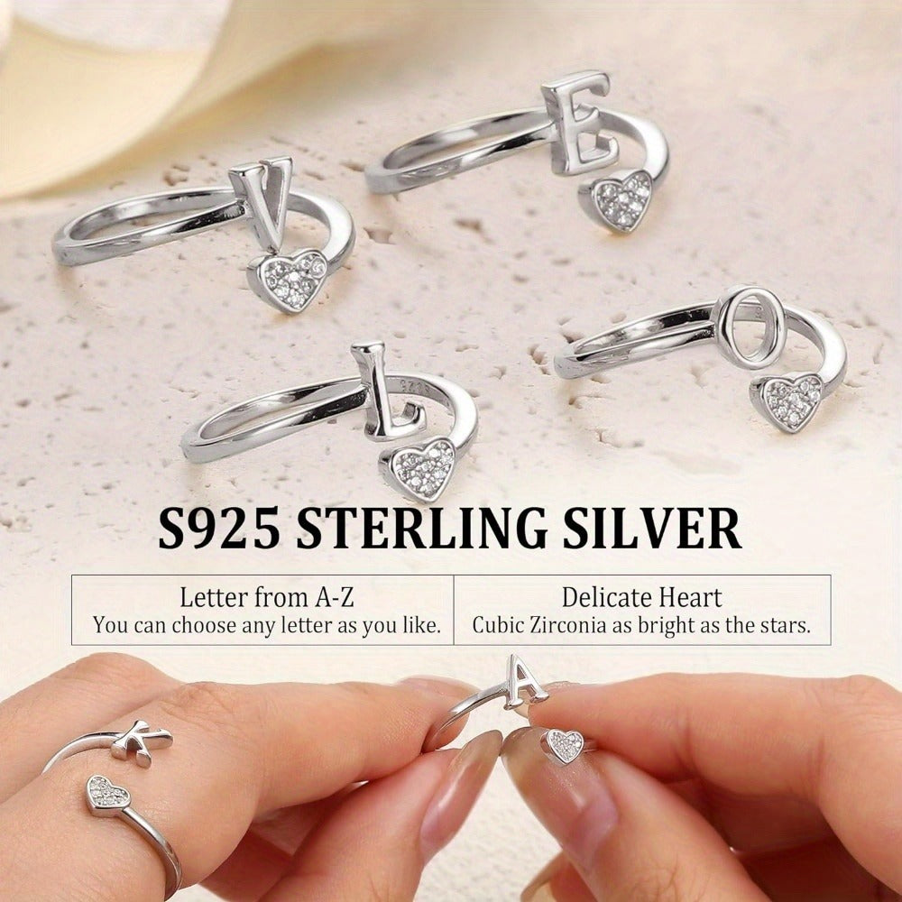 Stackable Rings for Women - Initial Heart Ring 925 Sterling Silver - Adjustable Letter Ring for & Men - product detail view