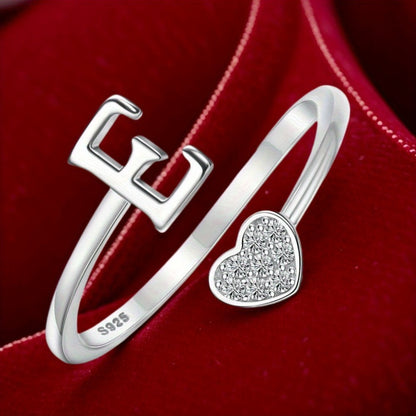 Stackable Rings for Women - Initial Heart Ring 925 Sterling Silver - Adjustable Letter Ring for & Men - product detail view