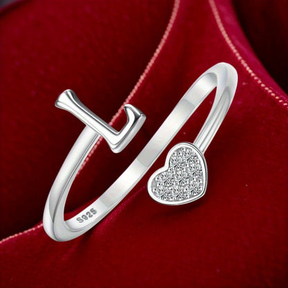 Stackable Rings for Women - Initial Heart Ring 925 Sterling Silver - Adjustable Letter Ring for & Men - product detail view