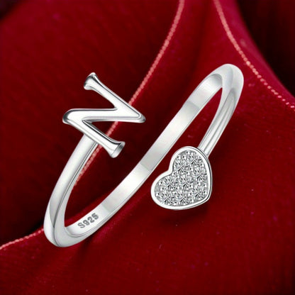 Stackable Rings for Women - Initial Heart Ring 925 Sterling Silver - Adjustable Letter Ring for & Men - product detail view