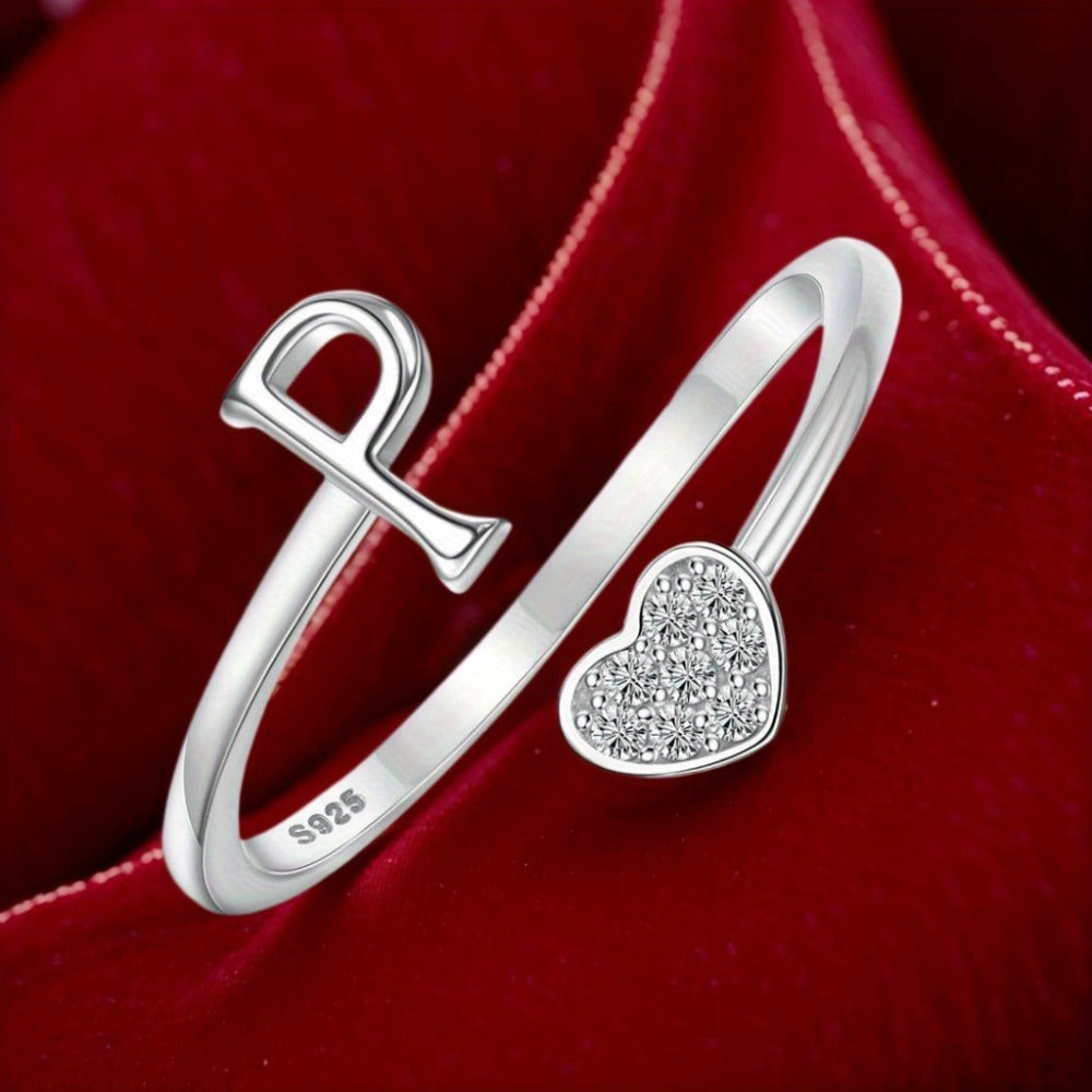 Stackable Rings for Women - Initial Heart Ring 925 Sterling Silver - Adjustable Letter Ring for & Men - product detail view