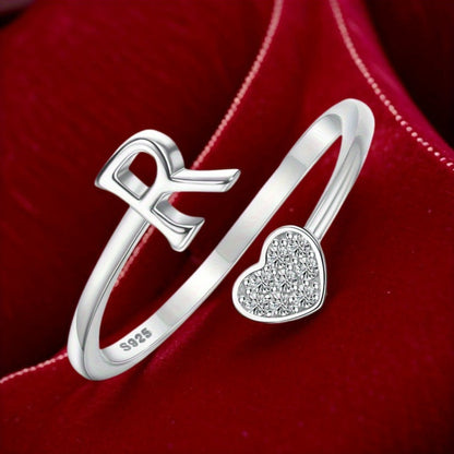 Stackable Rings for Women - Initial Heart Ring 925 Sterling Silver - Adjustable Letter Ring for & Men - product detail view
