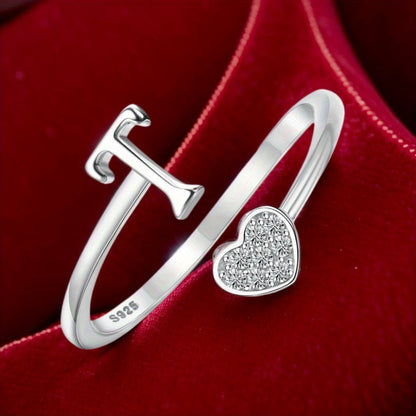 Stackable Rings for Women - Initial Heart Ring 925 Sterling Silver - Adjustable Letter Ring for & Men - product detail view