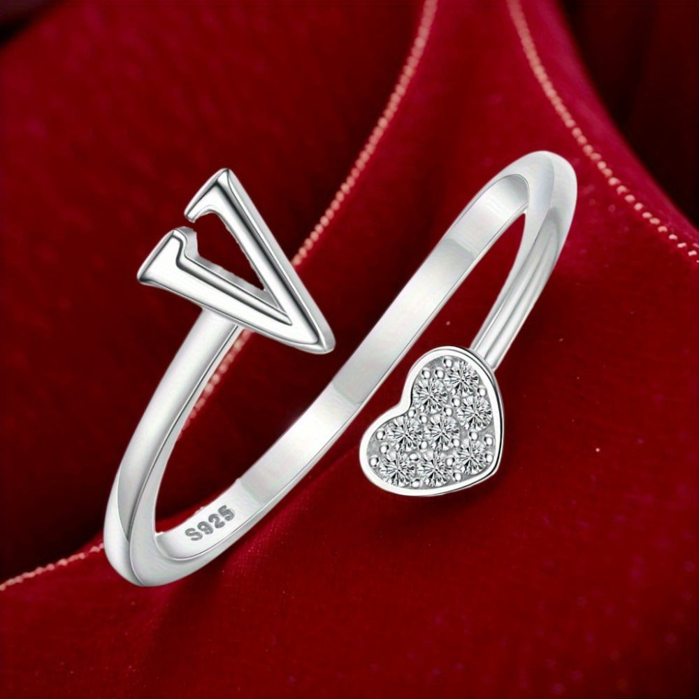 Stackable Rings for Women - Initial Heart Ring 925 Sterling Silver - Adjustable Letter Ring for & Men - product detail view