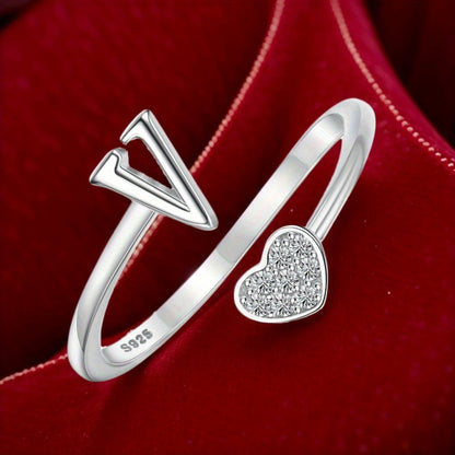 Stackable Rings for Women - Initial Heart Ring 925 Sterling Silver - Adjustable Letter Ring for & Men - product detail view
