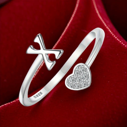 Stackable Rings for Women - Initial Heart Ring 925 Sterling Silver - Adjustable Letter Ring for & Men - product detail view