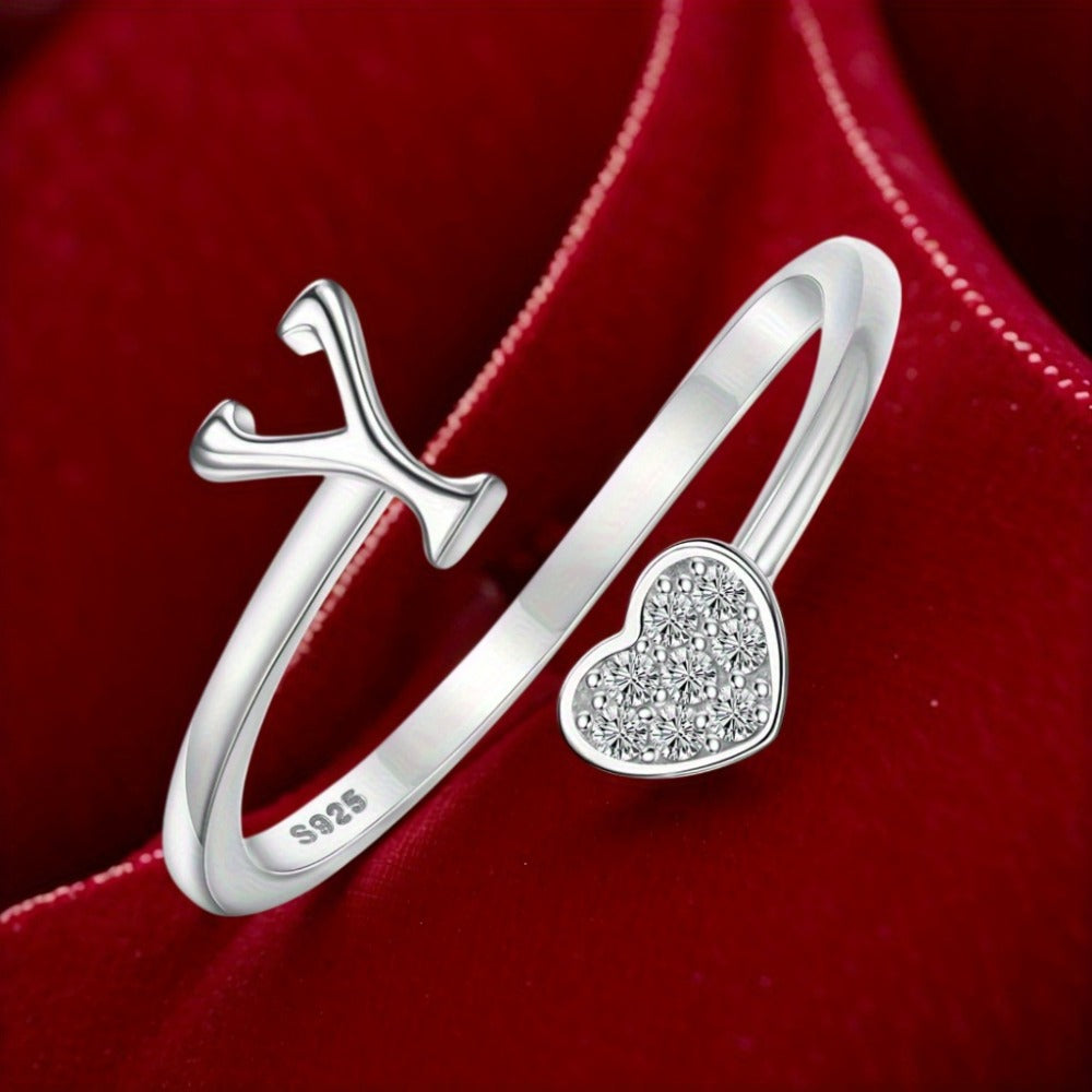 Stackable Rings for Women - Initial Heart Ring 925 Sterling Silver - Adjustable Letter Ring for & Men - product detail view