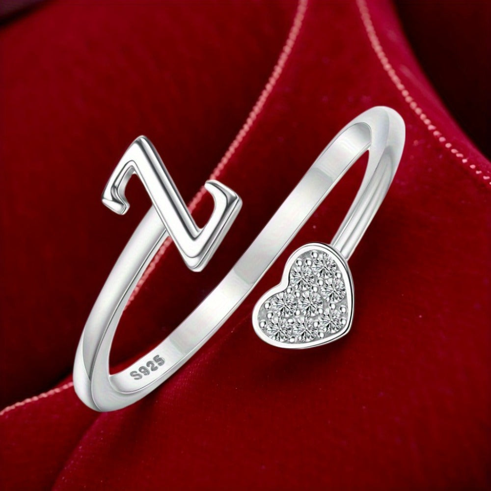 Stackable Rings for Women - Initial Heart Ring 925 Sterling Silver - Adjustable Letter Ring for & Men - product detail view