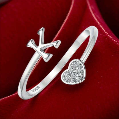Stackable Rings for Women - Initial Heart Ring 925 Sterling Silver - Adjustable Letter Ring for & Men - product detail view