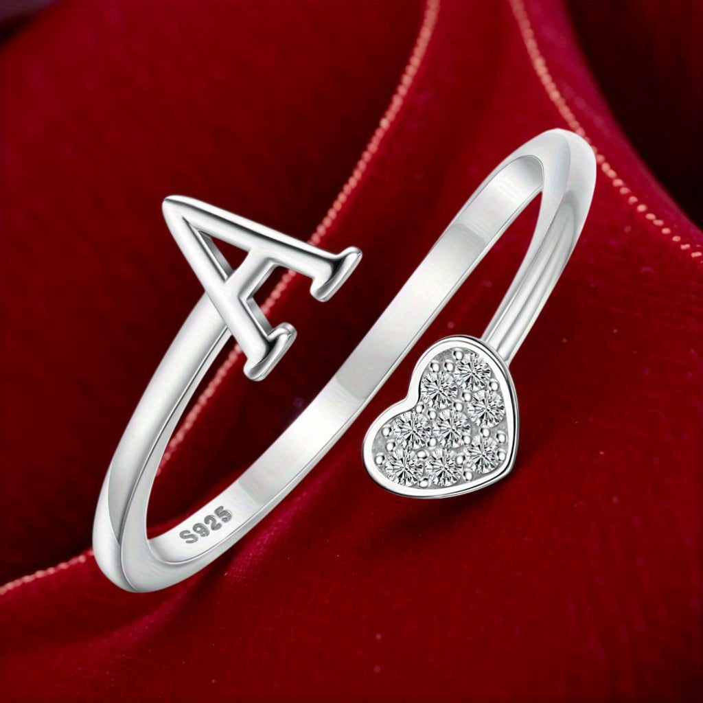 Stackable Rings for Women - Initial Heart Ring 925 Sterling Silver - Adjustable Letter Ring for & Men - product detail view
