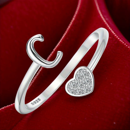 Stackable Rings for Women - Initial Heart Ring 925 Sterling Silver - Adjustable Letter Ring for & Men - product detail view
