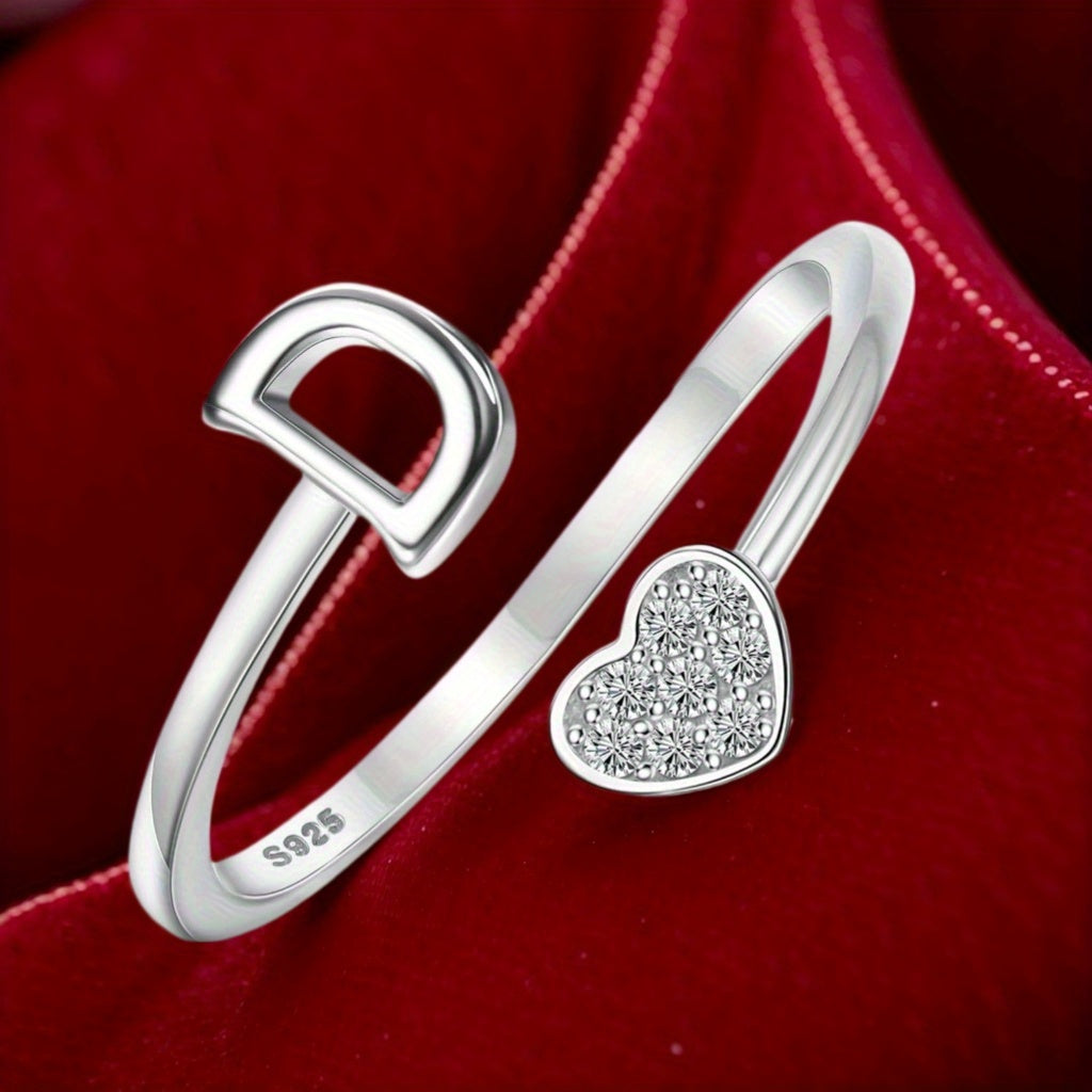 Stackable Rings for Women - Initial Heart Ring 925 Sterling Silver - Adjustable Letter Ring for & Men - product detail view