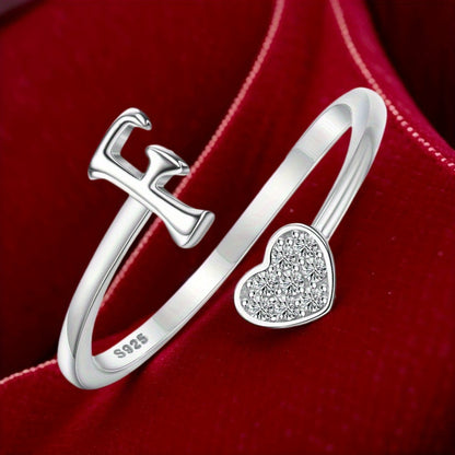 Stackable Rings for Women - Initial Heart Ring 925 Sterling Silver - Adjustable Letter Ring for & Men - product detail view