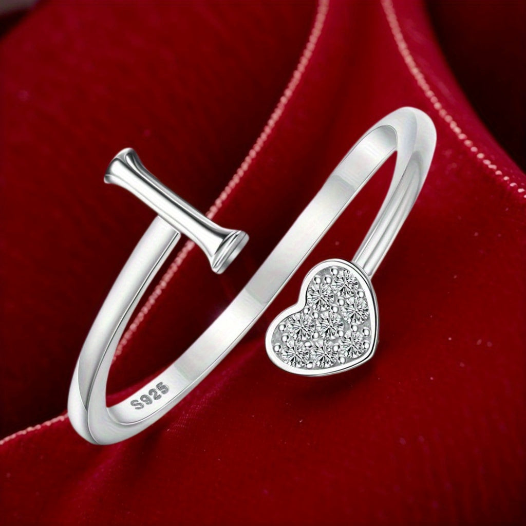 Stackable Rings for Women - Initial Heart Ring 925 Sterling Silver - Adjustable Letter Ring for & Men - product detail view