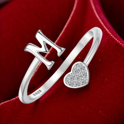 Stackable Rings for Women - Initial Heart Ring 925 Sterling Silver - Adjustable Letter Ring for & Men - product detail view