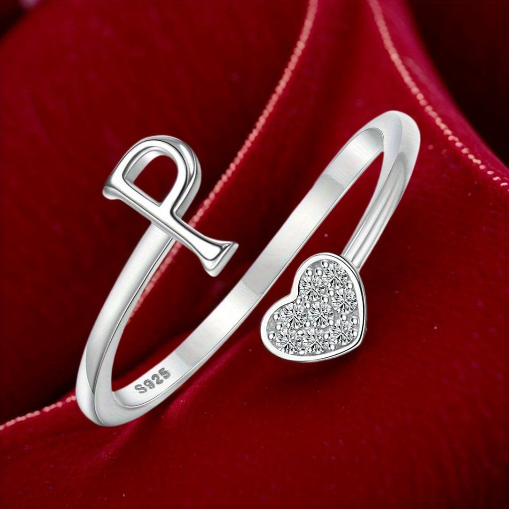 Stackable Rings for Women - Initial Heart Ring 925 Sterling Silver - Adjustable Letter Ring for & Men - product detail view