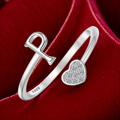 Stackable Rings for Women - Initial Heart Ring 925 Sterling Silver - Adjustable Letter Ring for & Men - product detail view