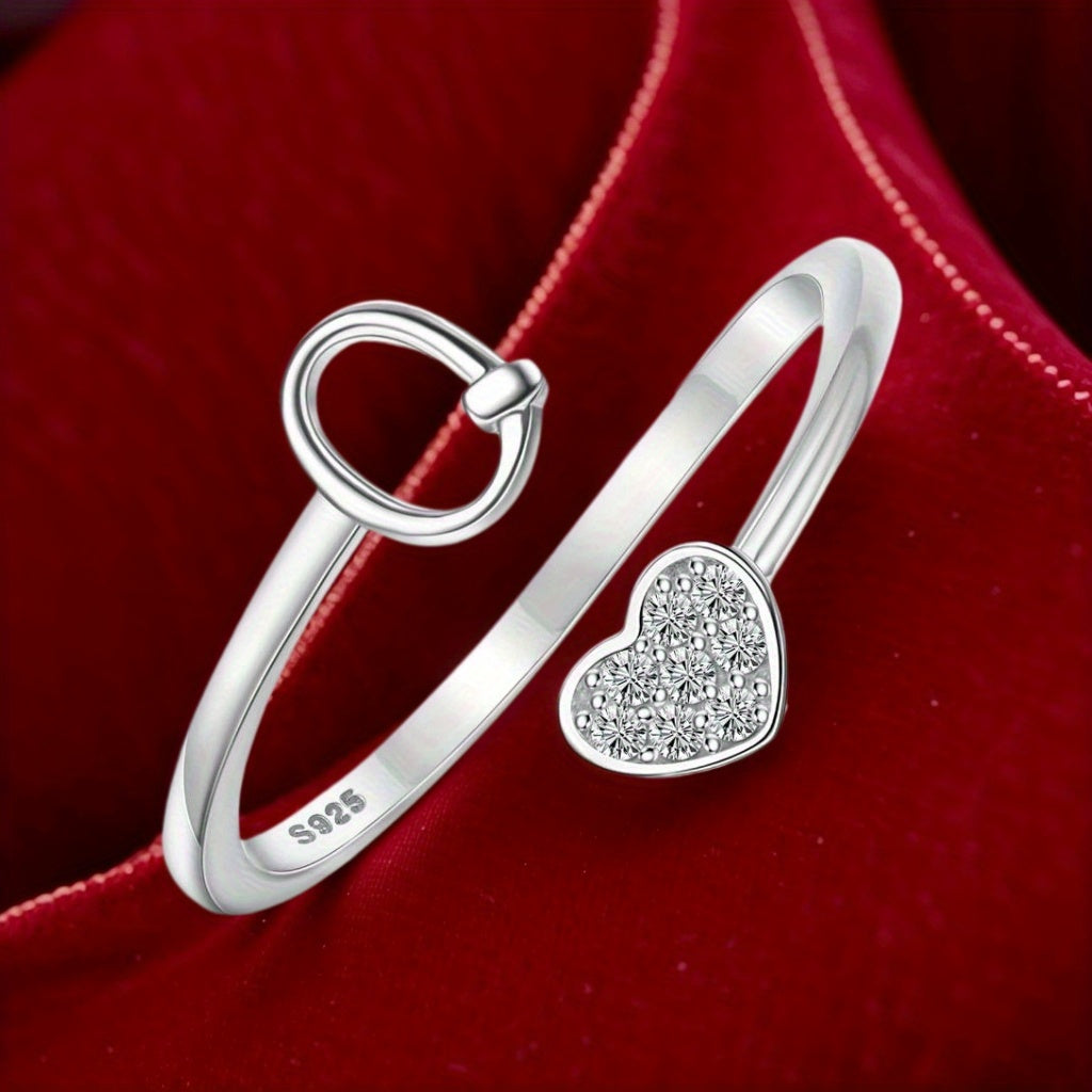 Stackable Rings for Women - Initial Heart Ring 925 Sterling Silver - Adjustable Letter Ring for & Men - product detail view