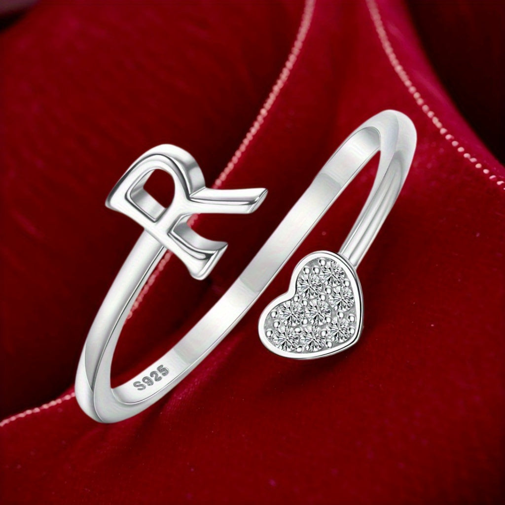 Stackable Rings for Women - Initial Heart Ring 925 Sterling Silver - Adjustable Letter Ring for & Men - product detail view