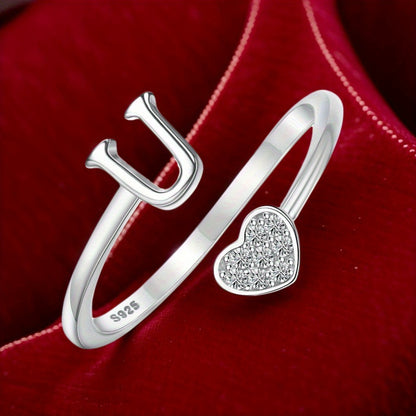 Stackable Rings for Women - Initial Heart Ring 925 Sterling Silver - Adjustable Letter Ring for & Men - product detail view