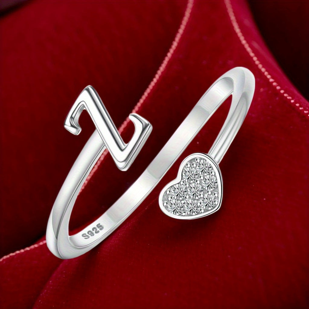 Stackable Rings for Women - Initial Heart Ring 925 Sterling Silver - Adjustable Letter Ring for & Men - product detail view