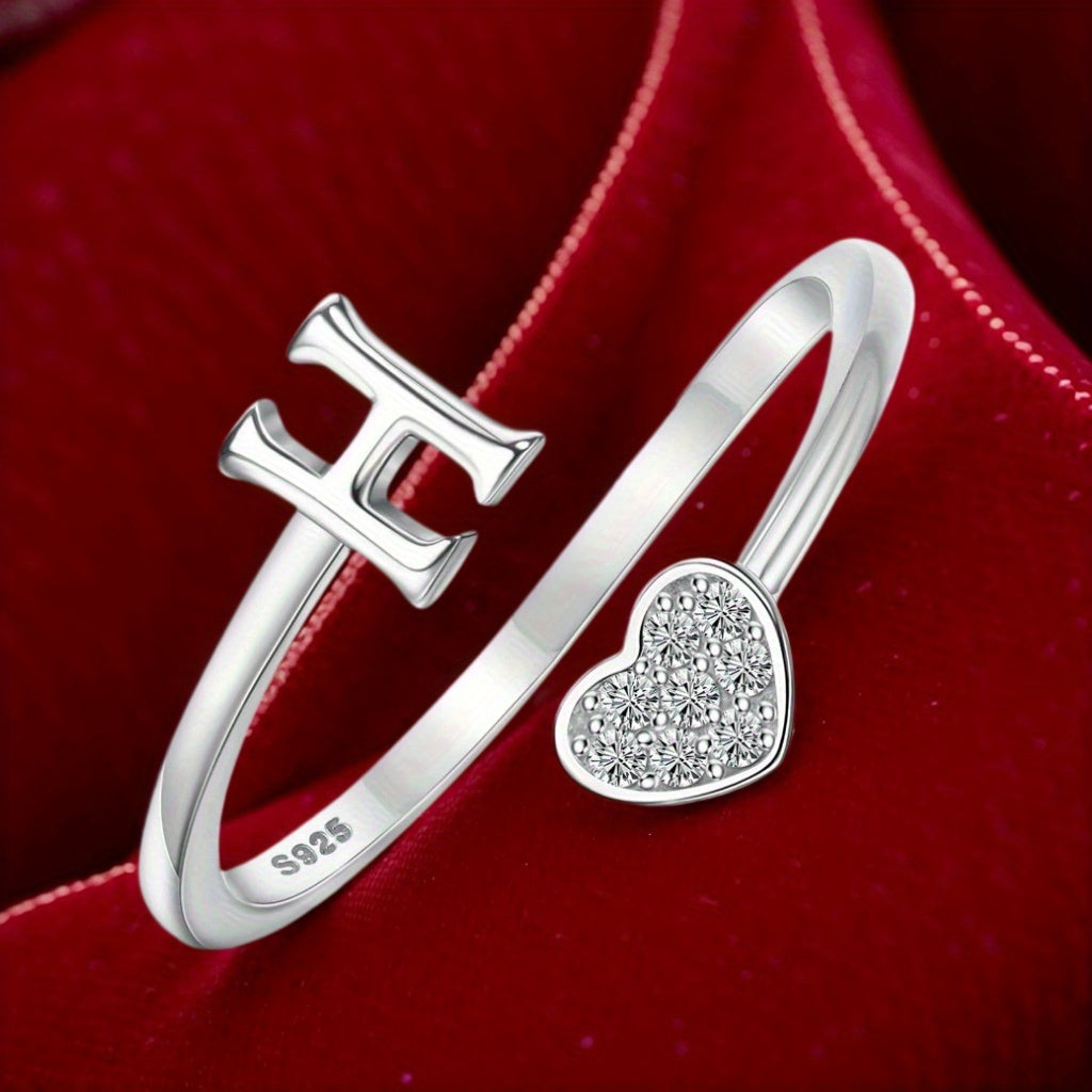 Stackable Rings for Women - Initial Heart Ring 925 Sterling Silver - Adjustable Letter Ring for & Men - product detail view