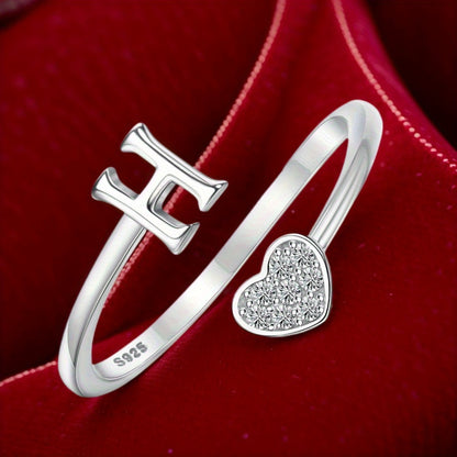 Stackable Rings for Women - Initial Heart Ring 925 Sterling Silver - Adjustable Letter Ring for & Men - product detail view