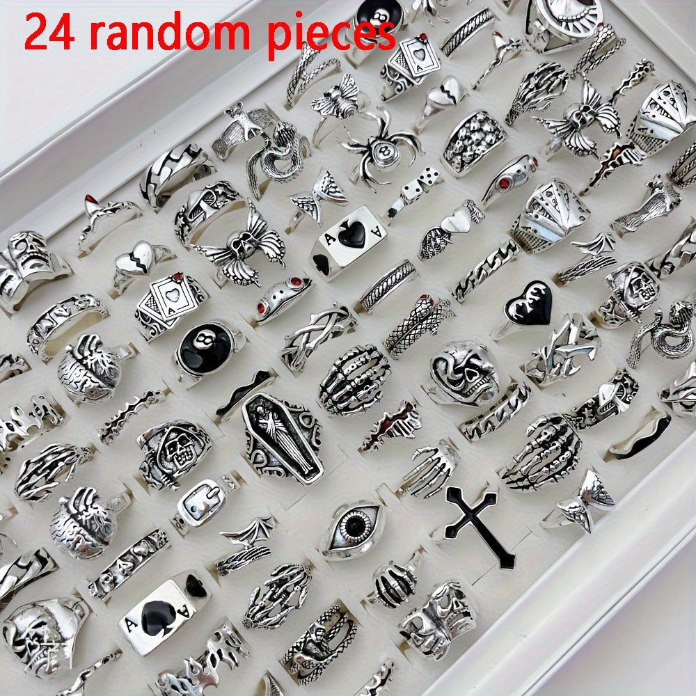 Stackable Rings for Women - Punk Ring Set 24Pcs for & Men - Retro Gothic Dark Style Spider Skull Cross - product detail view