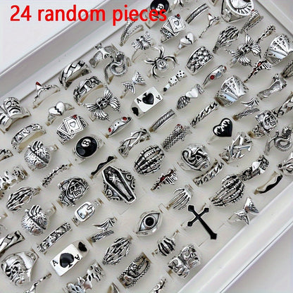 Stackable Rings for Women - Punk Ring Set 24Pcs for & Men - Retro Gothic Dark Style Spider Skull Cross - product detail view