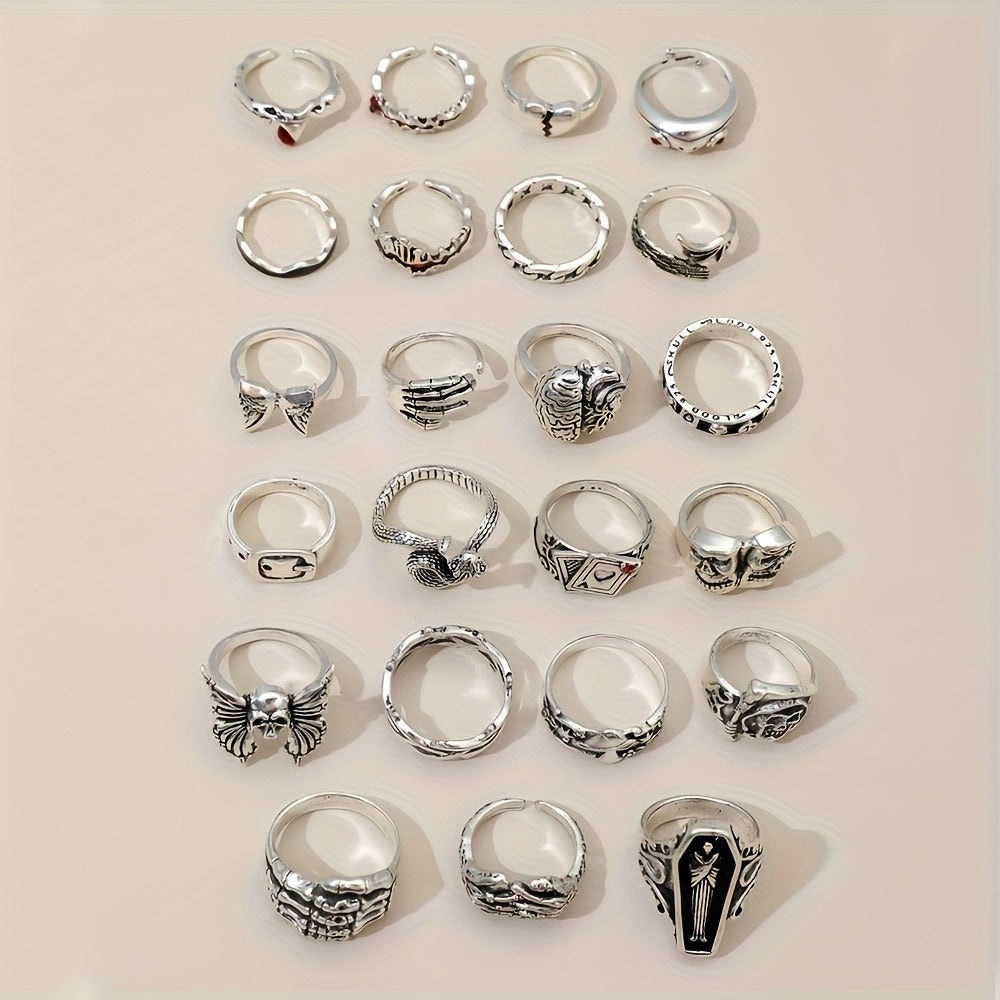 Stackable Rings for Women - Punk Ring Set 24Pcs for & Men - Retro Gothic Dark Style Spider Skull Cross - product detail view