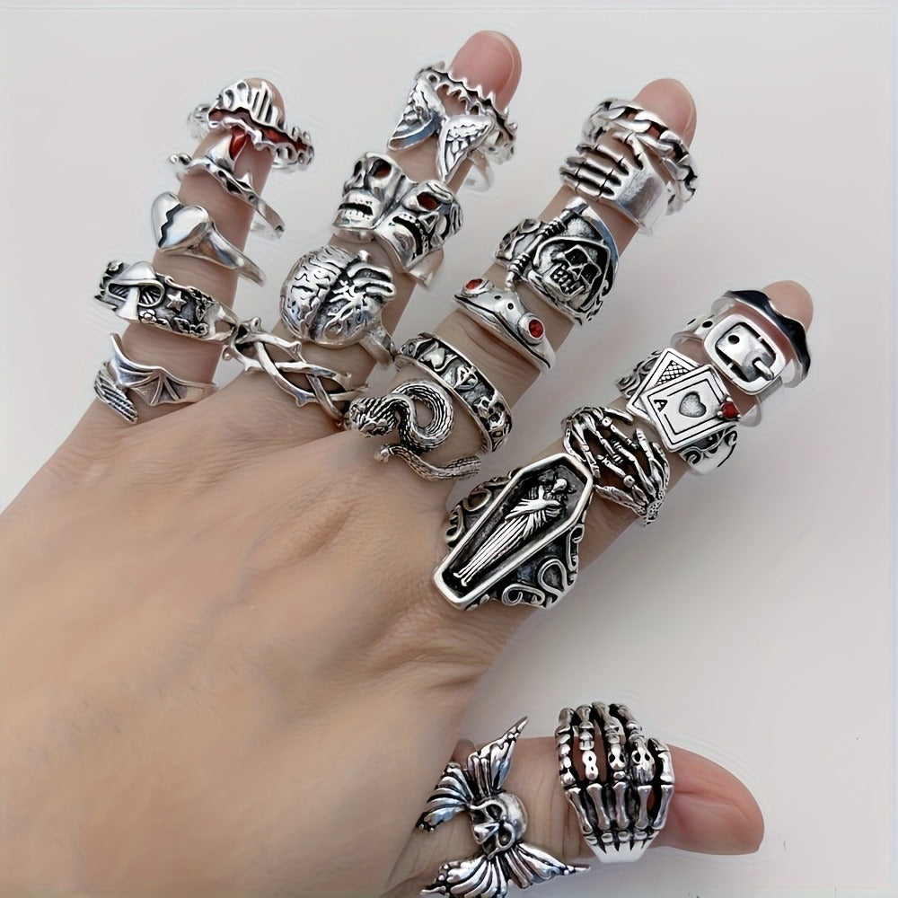 Stackable Rings for Women - Punk Ring Set 24Pcs for & Men - Retro Gothic Dark Style Spider Skull Cross - product detail view