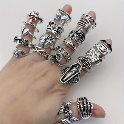 Stackable Rings for Women - Punk Ring Set 24Pcs for & Men - Retro Gothic Dark Style Spider Skull Cross - product detail view