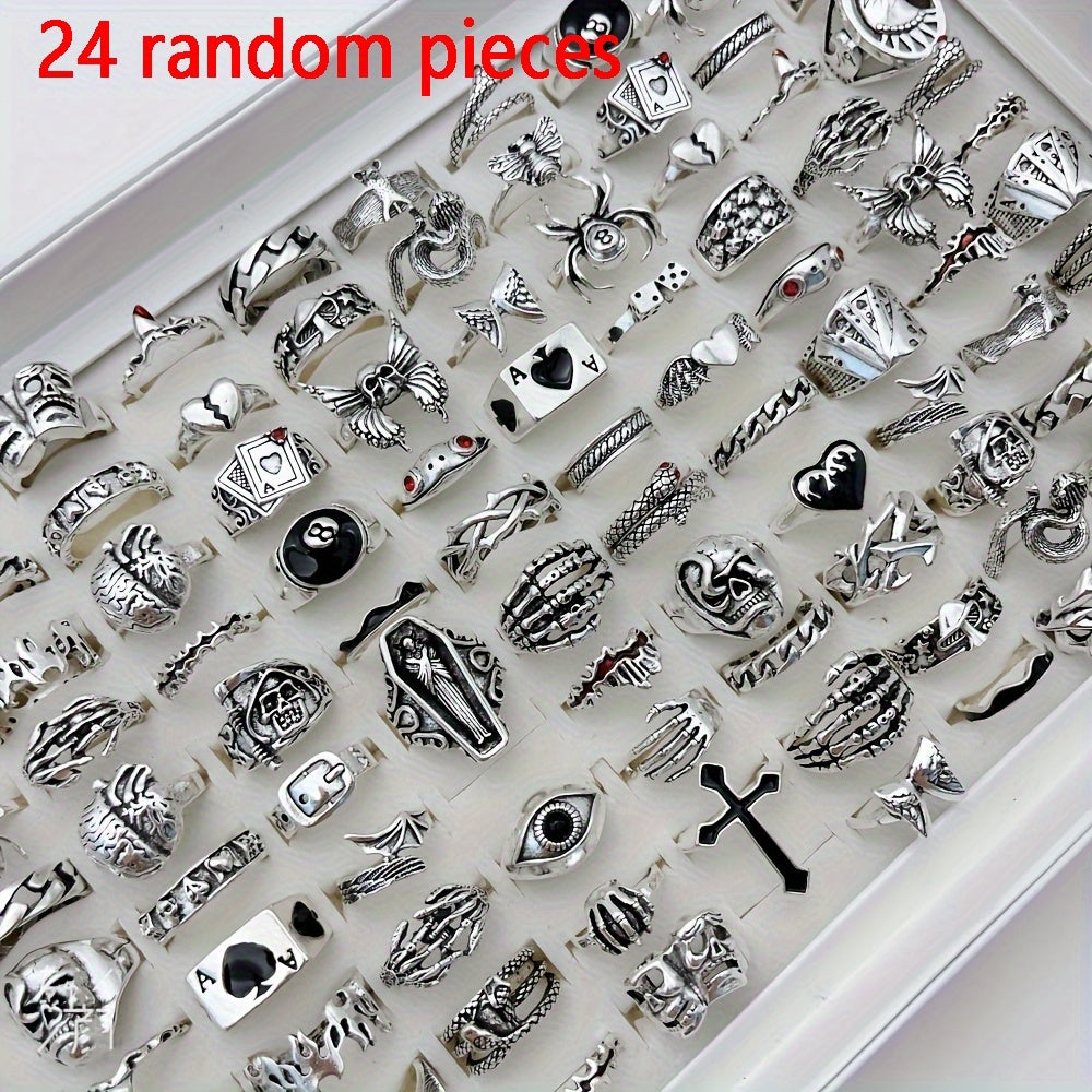 Stackable Rings for Women - Punk Ring Set 24Pcs for & Men - Retro Gothic Dark Style Spider Skull Cross - product detail view
