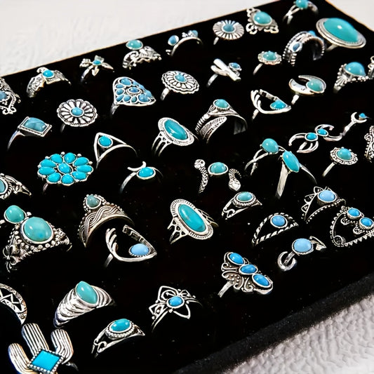 Stackable Rings for Women - Ring Set 44 Pcs Boho Vintage Turquoise for Bohemian Style Stacking - main product view