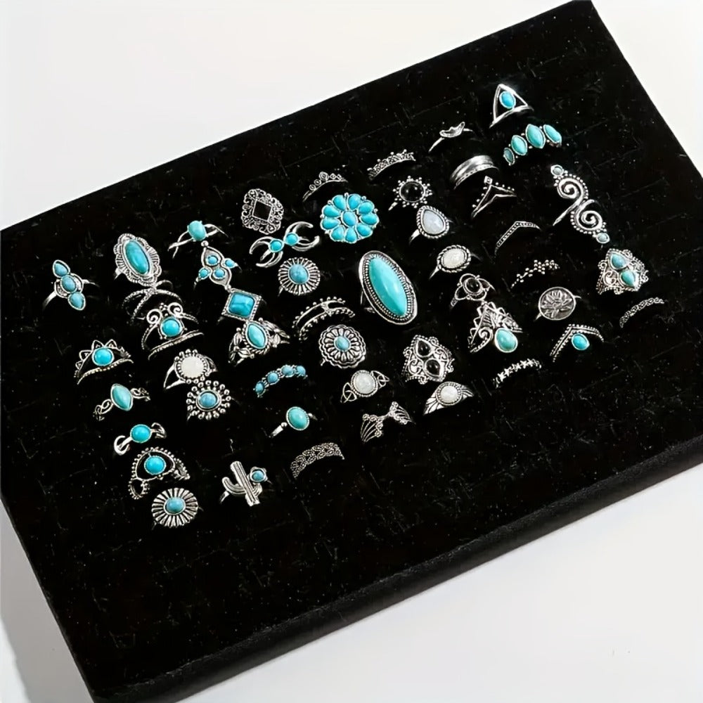 Stackable Rings for Women - Ring Set 44 Pcs Boho Vintage Turquoise for Bohemian Style Stacking - product detail view 2