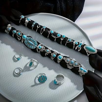 Stackable Rings for Women - Ring Set 44 Pcs Boho Vintage Turquoise for Bohemian Style Stacking - product detail view 3