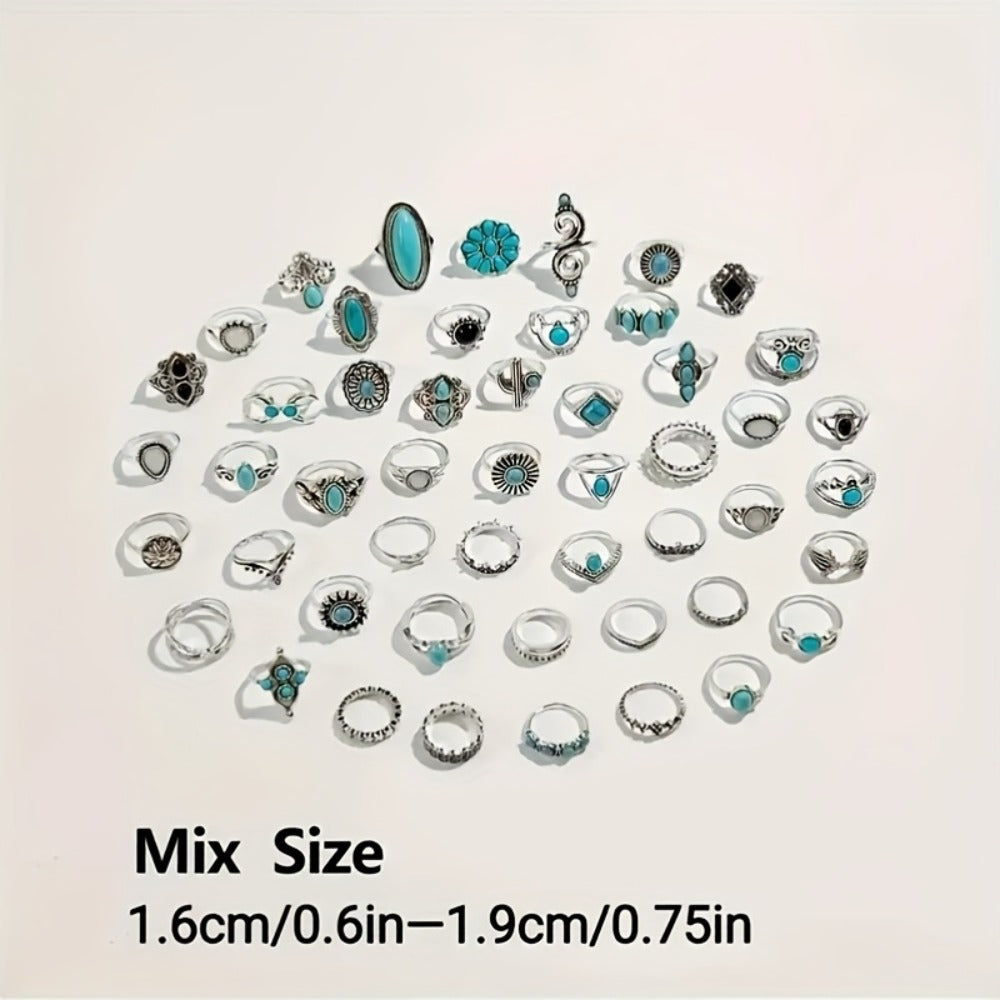 Stackable Rings for Women - Ring Set 44 Pcs Boho Vintage Turquoise for Bohemian Style Stacking - product detail view 4