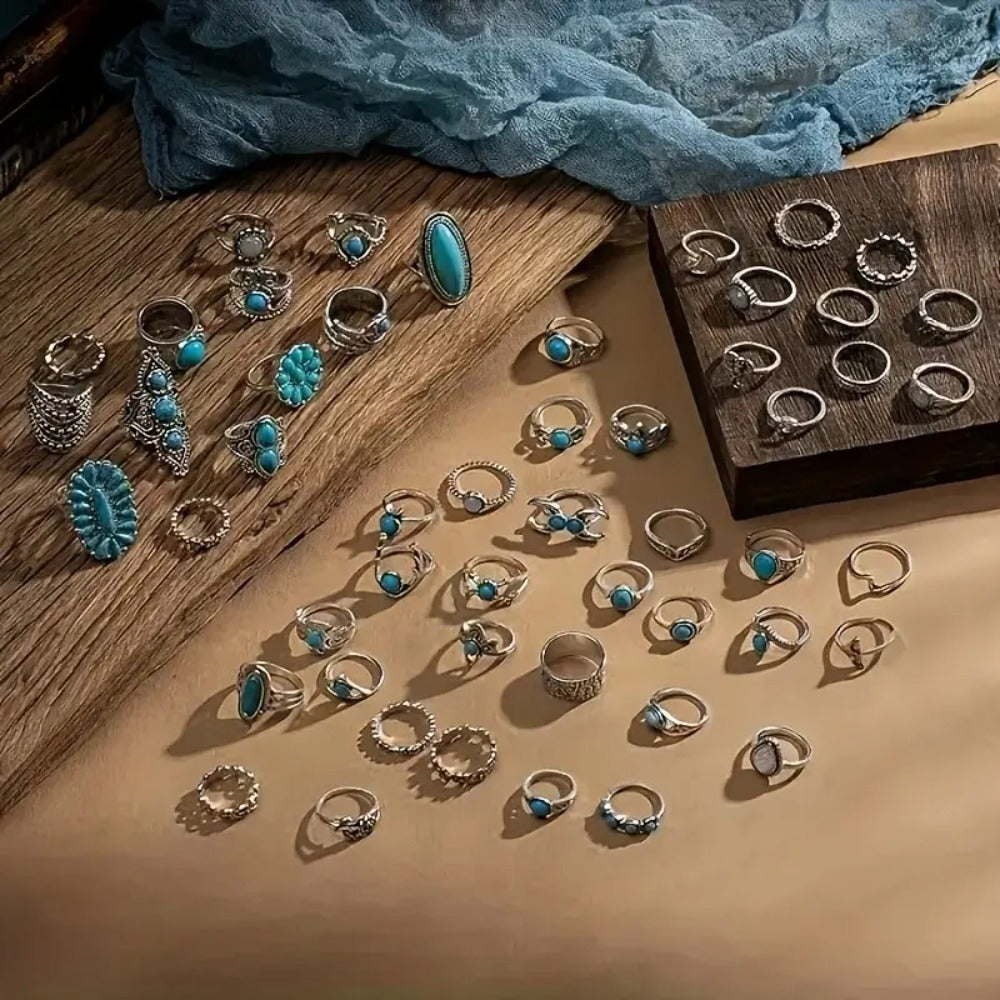 Stackable Rings for Women - Ring Set 44 Pcs Boho Vintage Turquoise for Bohemian Style Stacking - product detail view 5