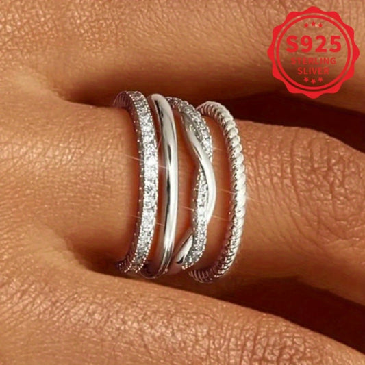 Stackable Rings for Women - Ring Set 4pcs 925 Sterling Silver Twist Halo Zirconia for Gold Silver - main product view