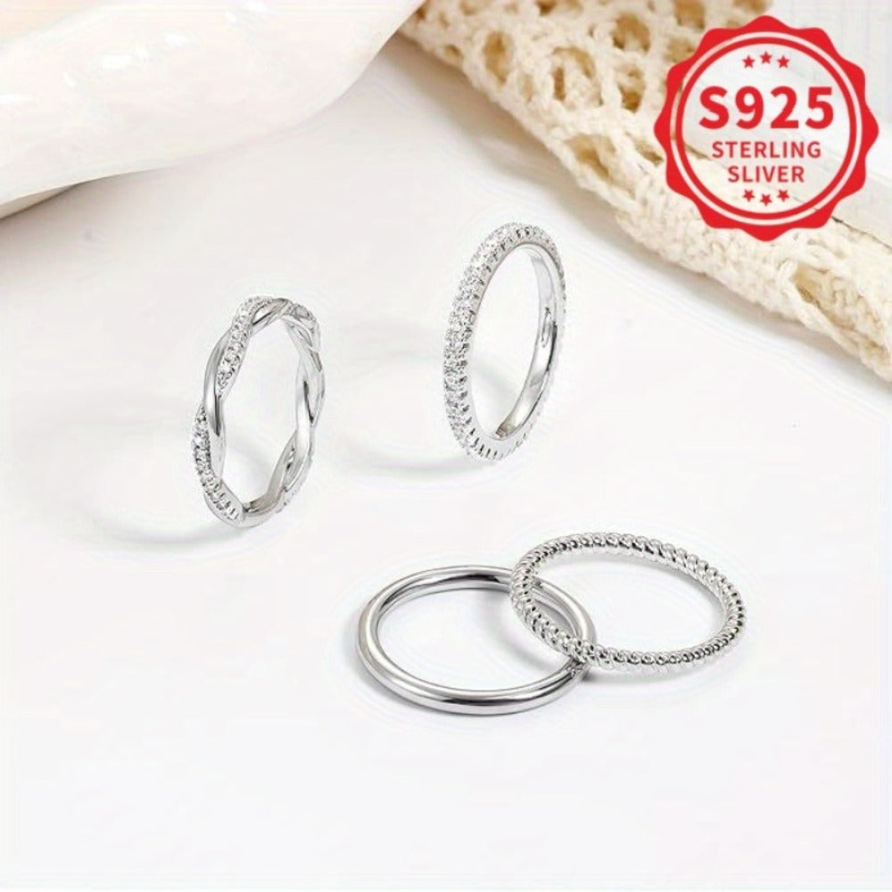 Stackable Rings for Women - Ring Set 4pcs 925 Sterling Silver Twist Halo Zirconia for Gold Silver - product detail view 2